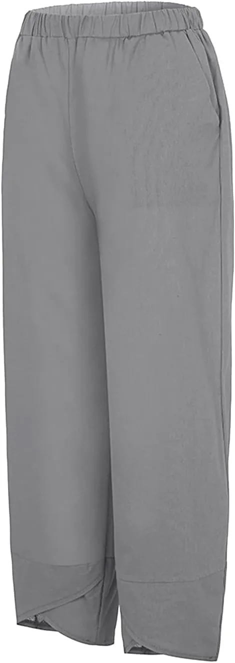 Women's Linen Blend Summer Boho Pants Elastic Waist Wide Leg Slim-Fit Trouser Business Work