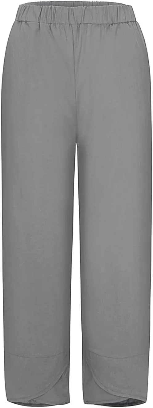 Women's Linen Blend Summer Boho Pants Elastic Waist Wide Leg Slim-Fit Trouser Business Work