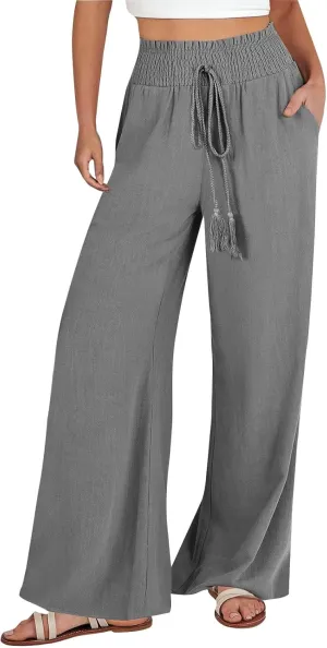 Womens Linen Palazzo Pants Casual Wide Leg Pants Drawstring Pants with Pockets Summer Beach Linen Pants Lounge Trousers, Small, #E6-grey