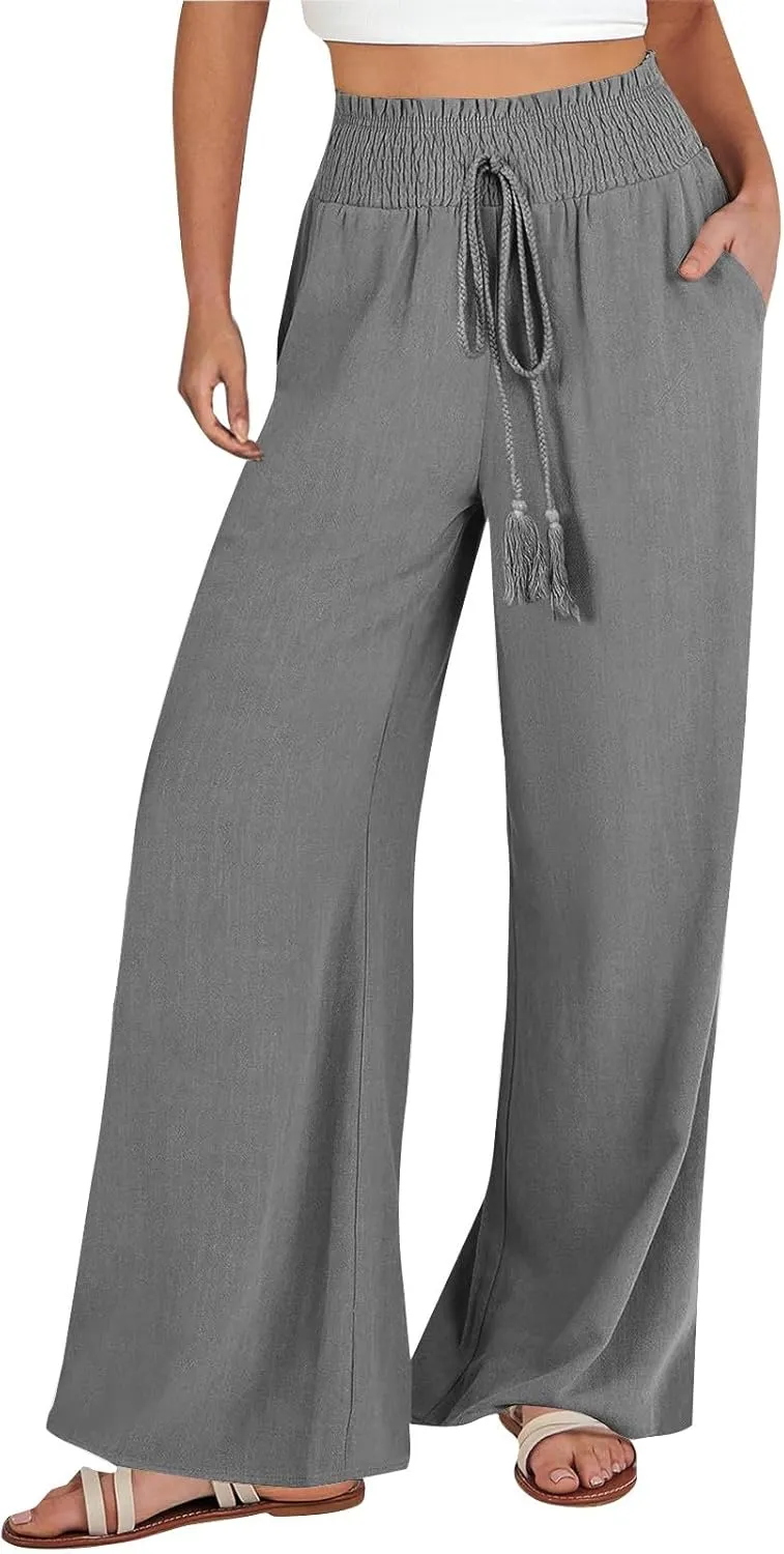 Womens Linen Palazzo Pants Casual Wide Leg Pants Drawstring Pants with Pockets Summer Beach Linen Pants Lounge Trousers, Small, #E6-grey