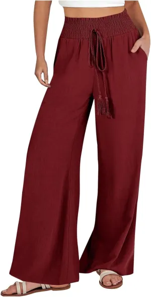 Womens Linen Palazzo Pants Casual Wide Leg Pants Drawstring Pants with Pockets Summer Beach Linen Pants Lounge Trousers, Small, #E9-wine