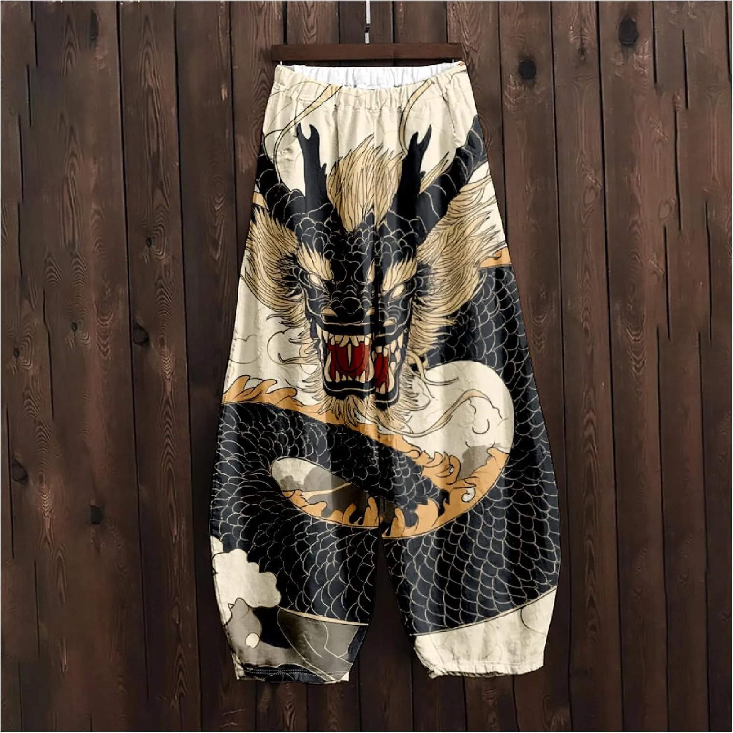 Womens Linen Pants Baggy Wide Leg Pants with Pockets Chinese Dragon Flowy Harem Lantern Trousers Elastic Waist