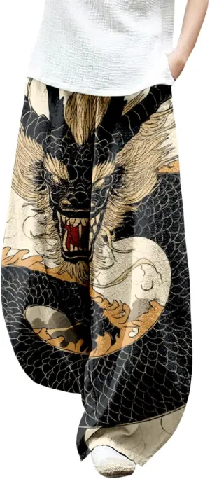 Womens Linen Pants Baggy Wide Leg Pants with Pockets Chinese Dragon Flowy Harem Lantern Trousers Elastic Waist