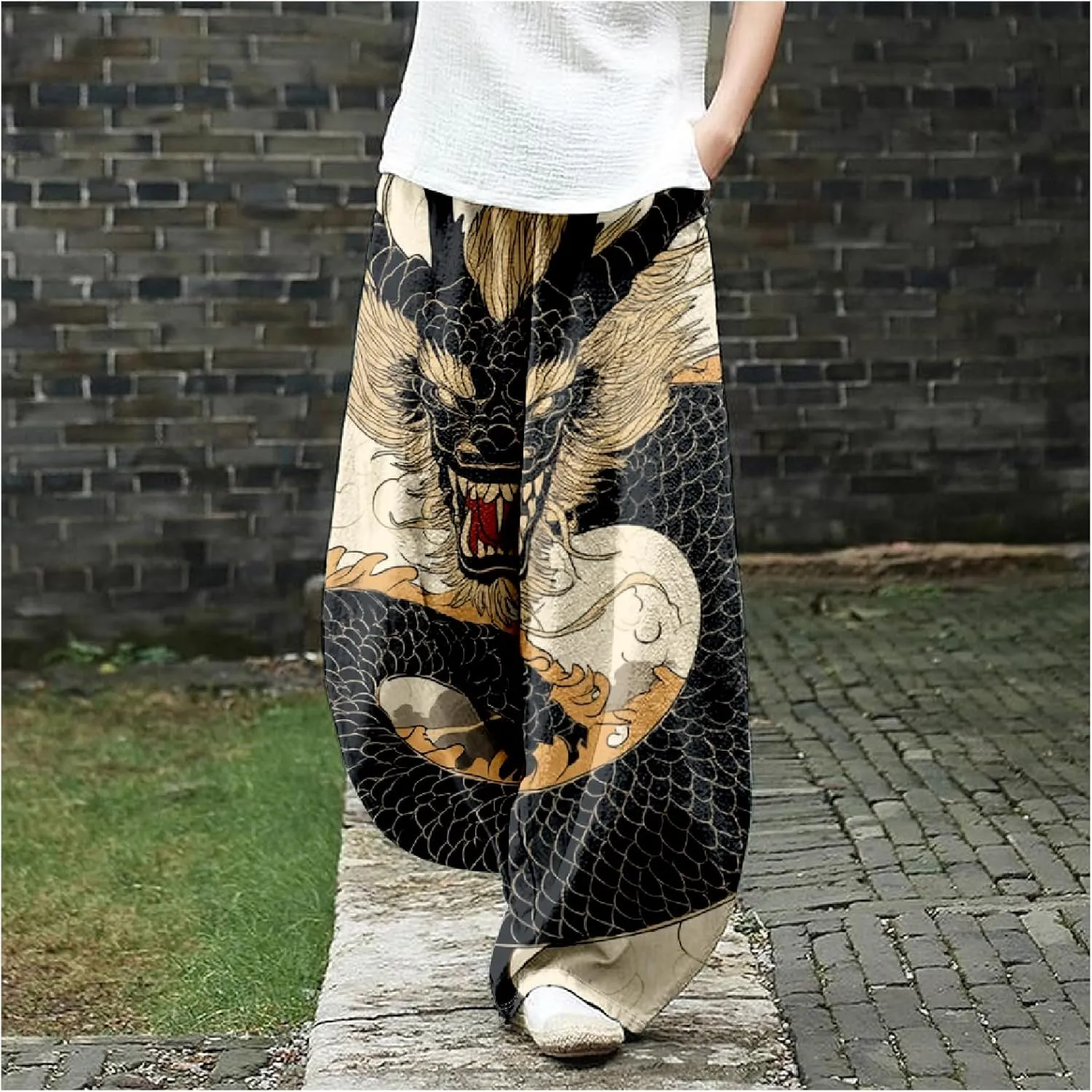 Womens Linen Pants Baggy Wide Leg Pants with Pockets Chinese Dragon Flowy Harem Lantern Trousers Elastic Waist