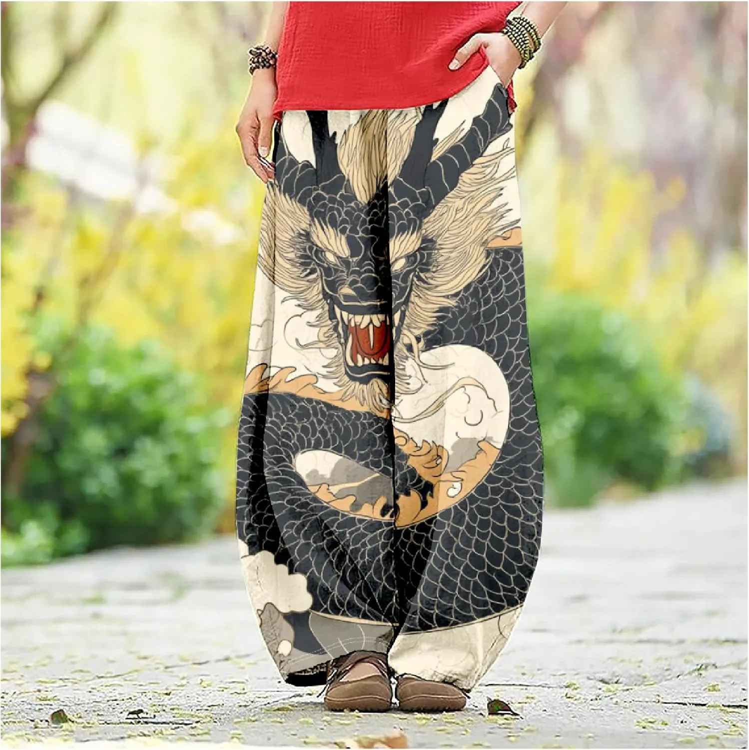 Womens Linen Pants Baggy Wide Leg Pants with Pockets Chinese Dragon Flowy Harem Lantern Trousers Elastic Waist