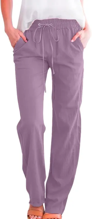 Womens Linen Pants Casual Dressy High Waist Wide Leg Pants Plain Womens Palazzo Pants Straight Leg Lounge Trousers