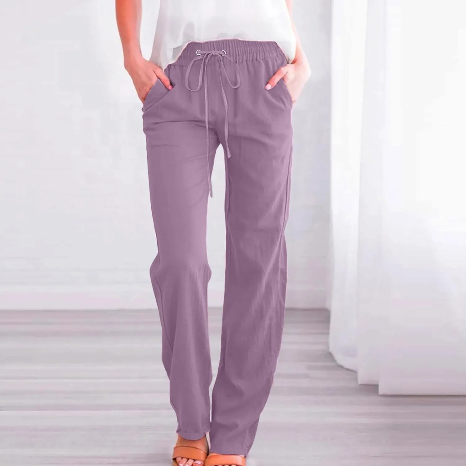 Womens Linen Pants Casual Dressy High Waist Wide Leg Pants Plain Womens Palazzo Pants Straight Leg Lounge Trousers