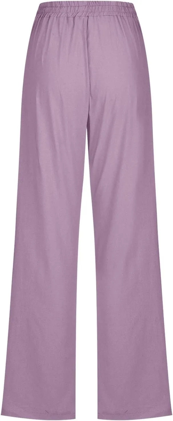 Womens Linen Pants Casual Dressy High Waist Wide Leg Pants Plain Womens Palazzo Pants Straight Leg Lounge Trousers