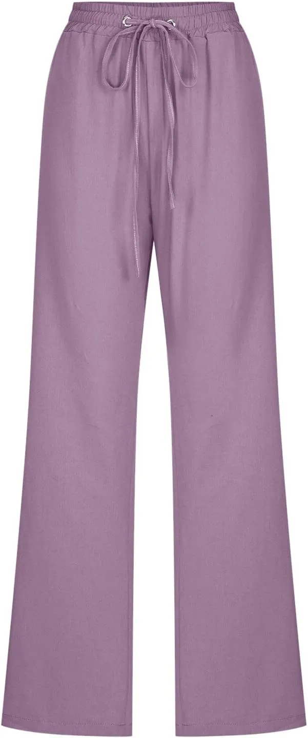 Womens Linen Pants Casual Dressy High Waist Wide Leg Pants Plain Womens Palazzo Pants Straight Leg Lounge Trousers
