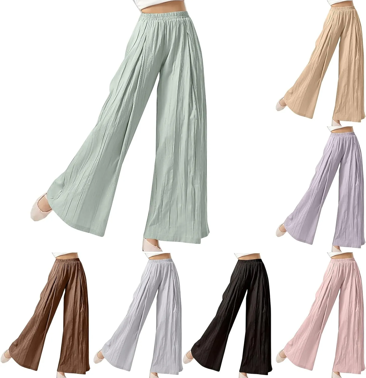 Women's Linen Pants Elastic High Waisted Pull on Palazzo Pants with Pockets Ralexed Fit Casual Flowy Summer Pants