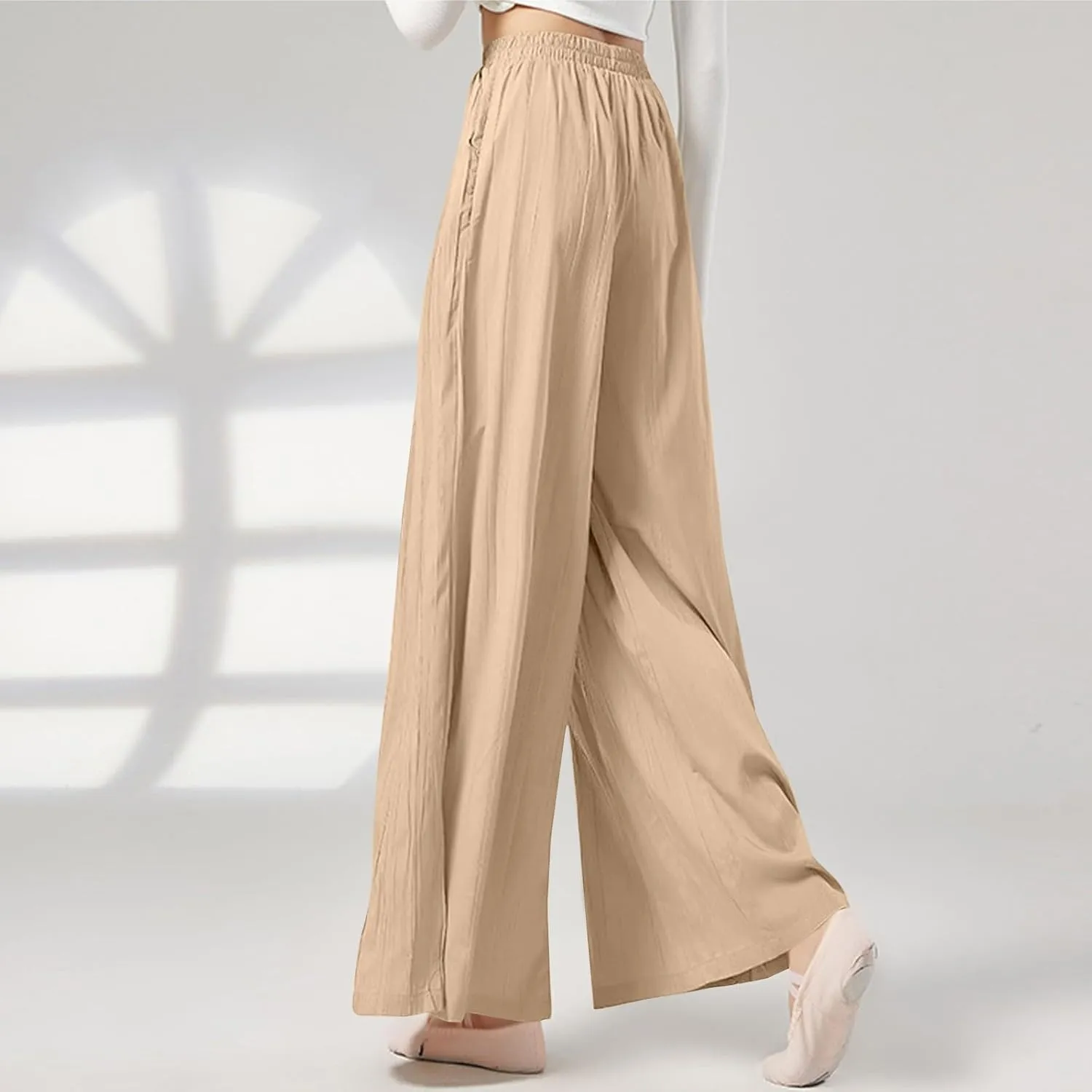 Women's Linen Pants Elastic High Waisted Pull on Palazzo Pants with Pockets Ralexed Fit Casual Flowy Summer Pants