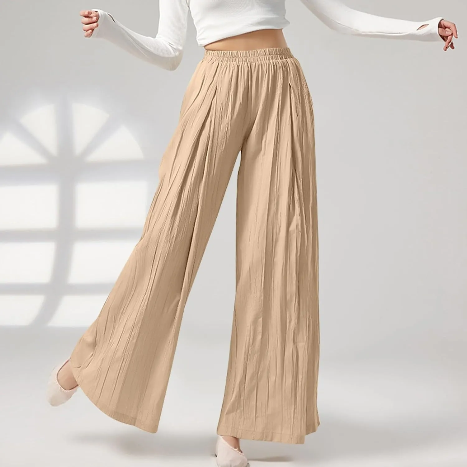 Women's Linen Pants Elastic High Waisted Pull on Palazzo Pants with Pockets Ralexed Fit Casual Flowy Summer Pants