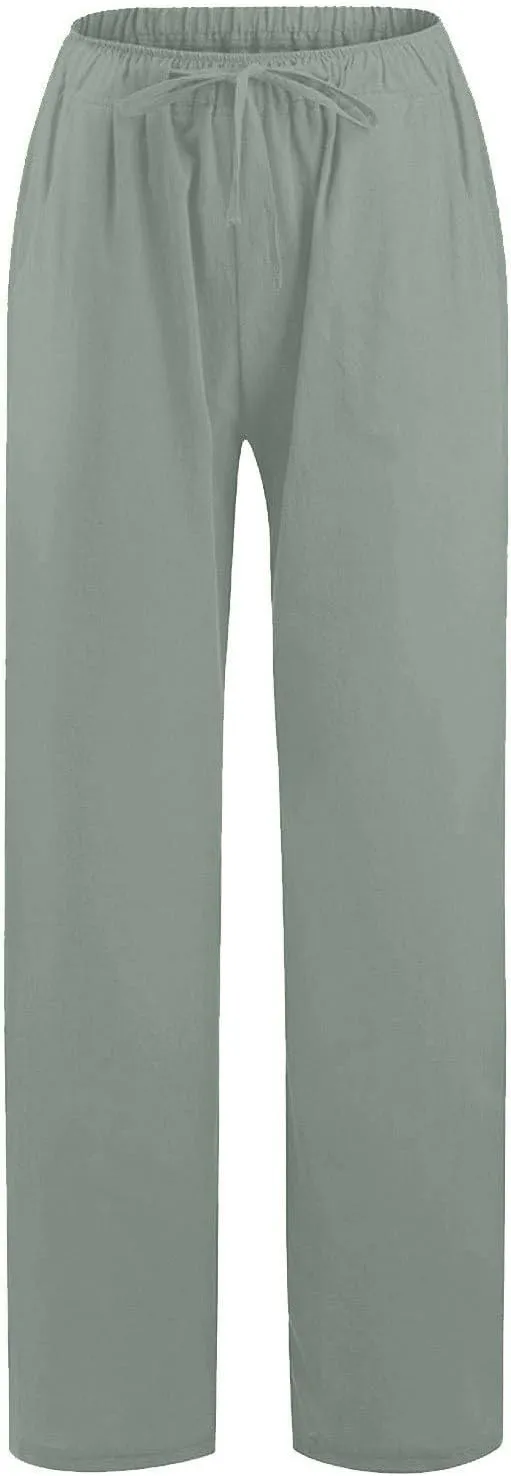 Womens Linen Pants Summer Trendy Lightweight Baggy Casual Palazzo Pants with Pockets Elastic Waist Drawstring Beach Trouser