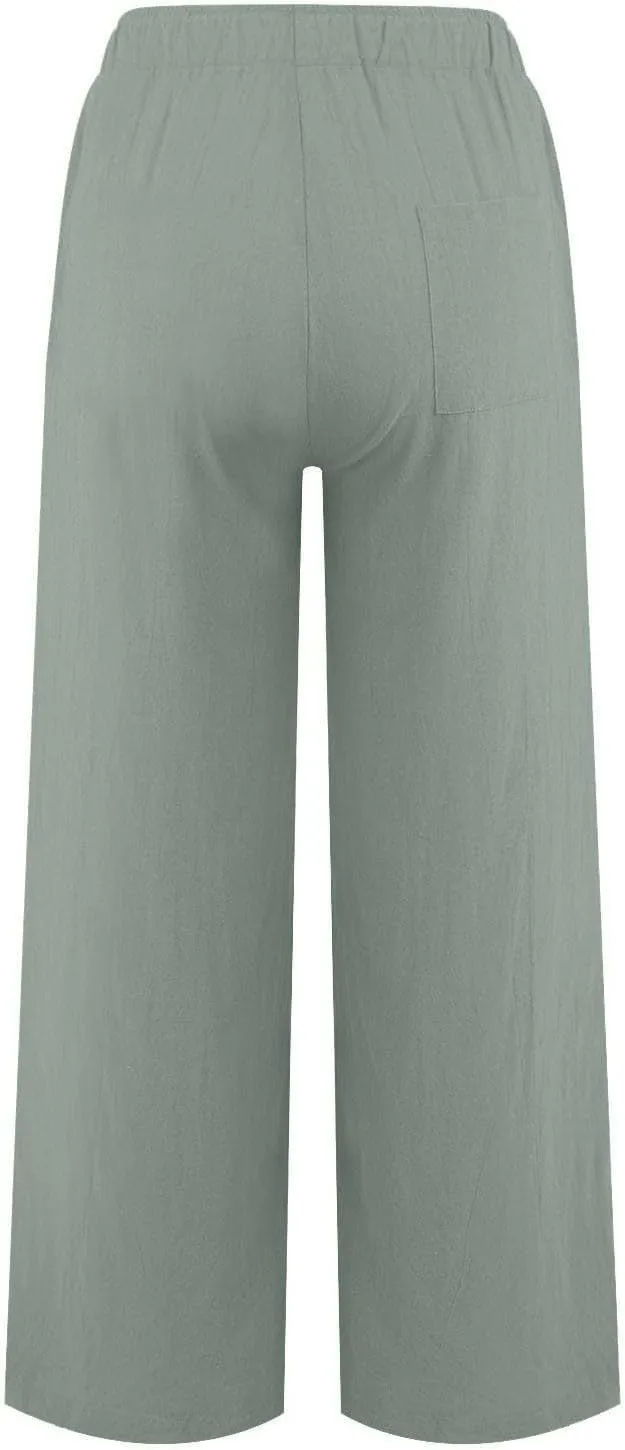 Womens Linen Pants Summer Trendy Lightweight Baggy Casual Palazzo Pants with Pockets Elastic Waist Drawstring Beach Trouser