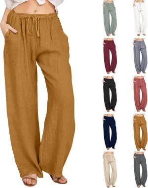 Womens Linen Pants Summer Trendy Lightweight Baggy Casual Palazzo Pants with Pockets Elastic Waist Drawstring Beach Trouser