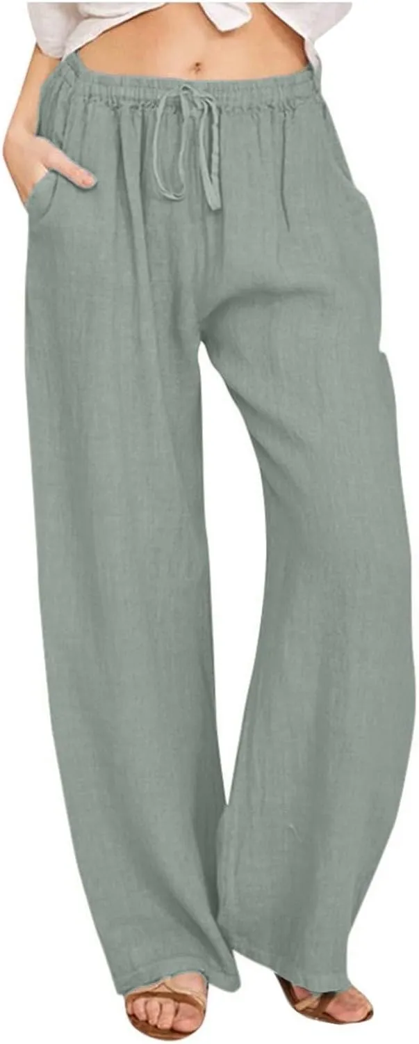 Womens Linen Pants Summer Trendy Lightweight Baggy Casual Palazzo Pants with Pockets Elastic Waist Drawstring Beach Trouser