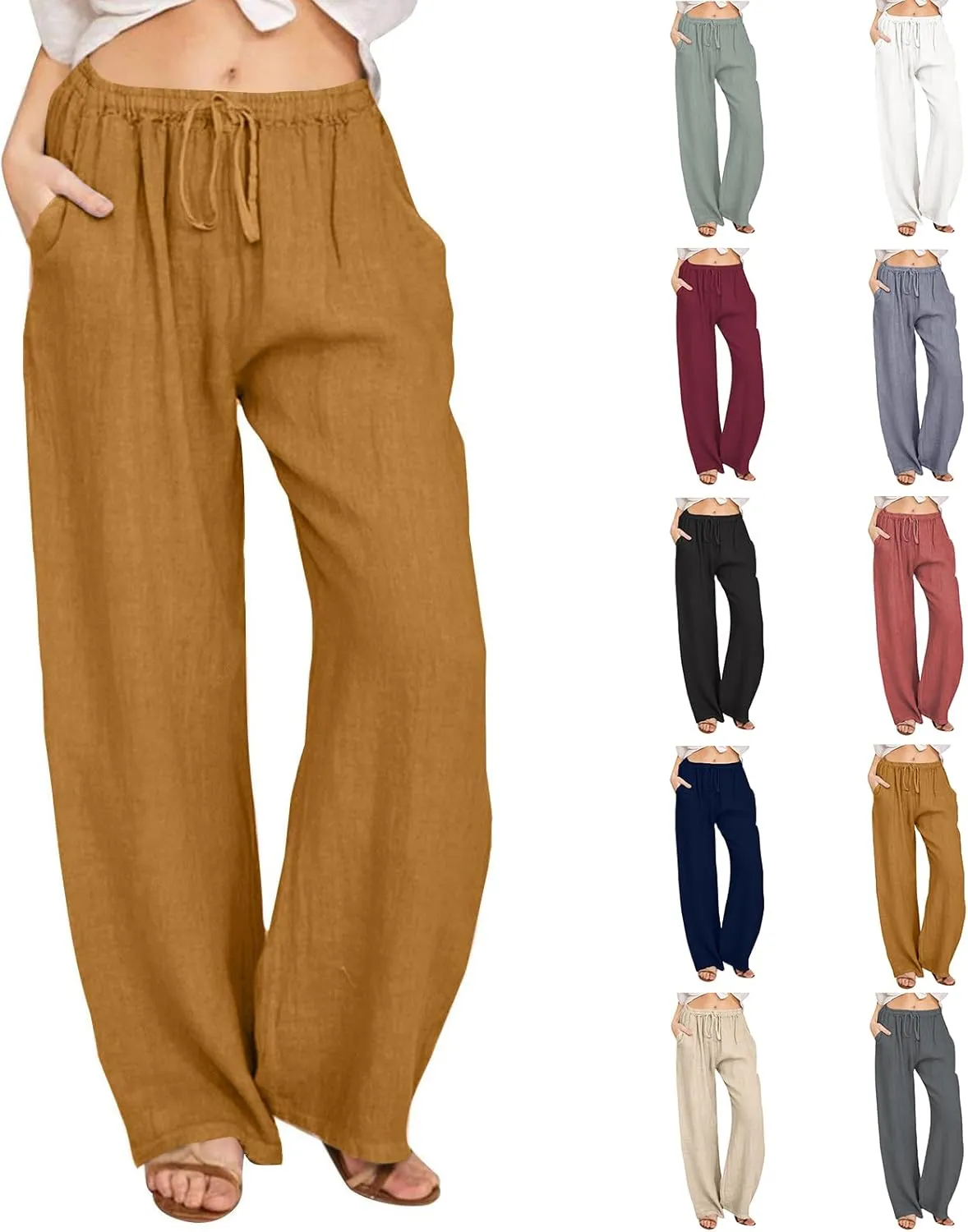 Womens Linen Pants Summer Trendy Lightweight Baggy Casual Palazzo Pants with Pockets Elastic Waist Drawstring Beach Trouser