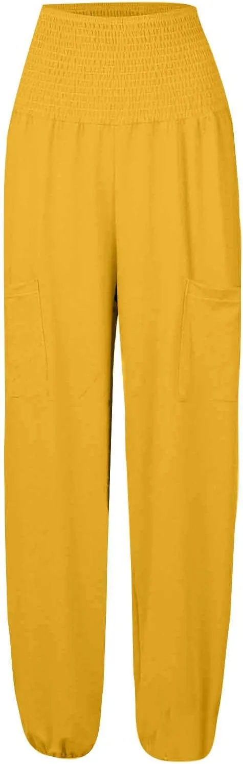 Womens Linen Summer Floral Pant Trousers High Waist Lounge Pants Slim-Fit Pants Trendy