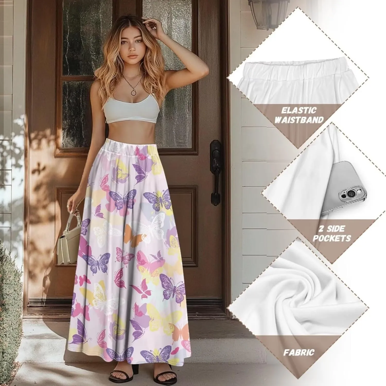 Womens Maxi Skirt Casual Pleated High Waisted Long Skirts with Pockets Flowy Swing Skirt Size S-XXL