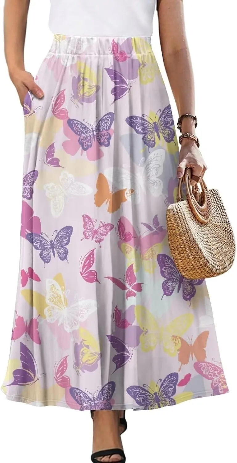 Womens Maxi Skirt Casual Pleated High Waisted Long Skirts with Pockets Flowy Swing Skirt Size S-XXL