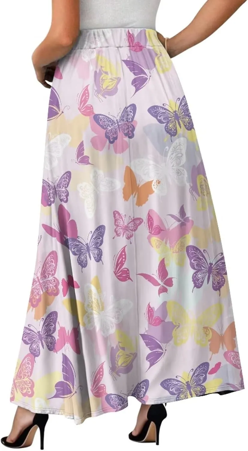 Womens Maxi Skirt Casual Pleated High Waisted Long Skirts with Pockets Flowy Swing Skirt Size S-XXL