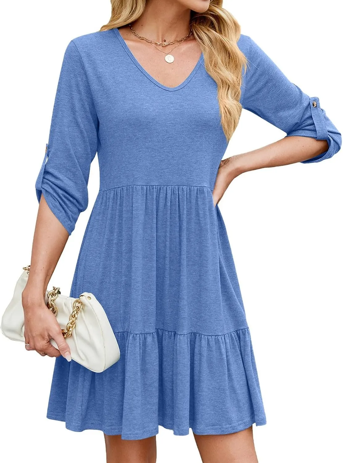 Women's Mini Dress V Neck Roll 3/4 Sleeve A Line Dresses Loose Fit Ruffle Flowy Boho Short Beach Sundresses
