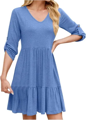 Women's Mini Dress V Neck Roll 3/4 Sleeve A Line Dresses Loose Fit Ruffle Flowy Boho Short Beach Sundresses