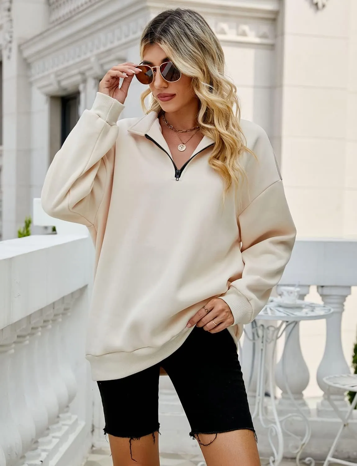 Womens Oversized Half Zip Pullover Quarter Zip Hoodie Lapel Neck Long Sleeve Sweatshirts Teen Girls Trendy Clothes
