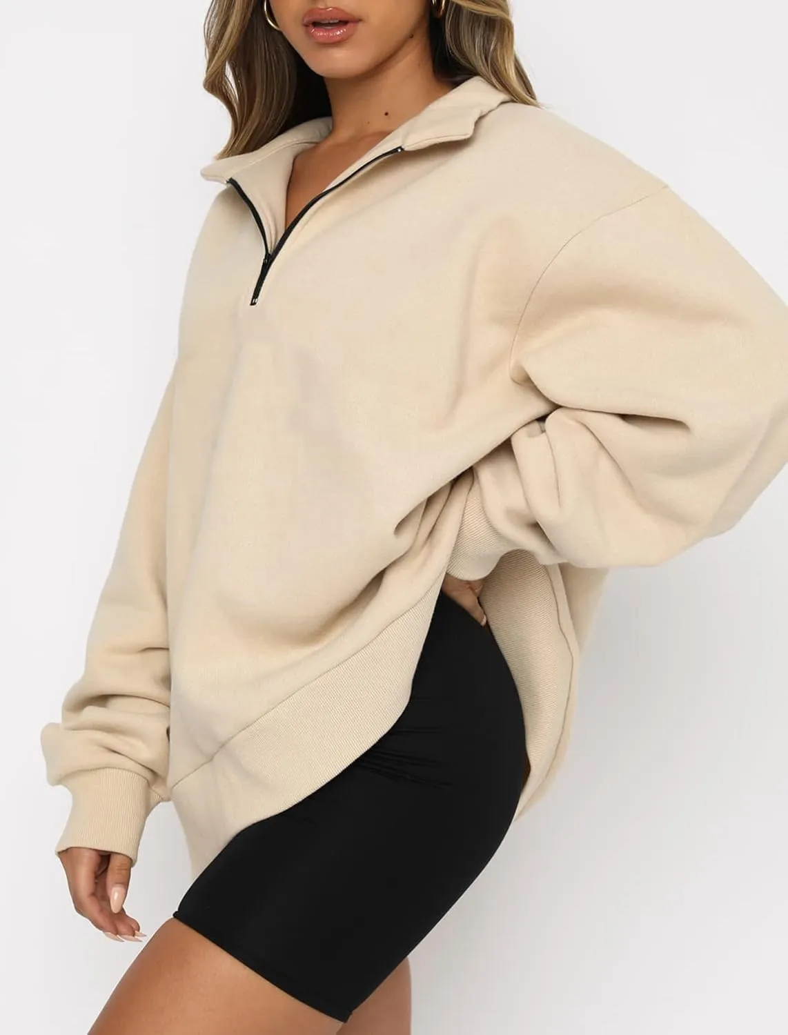 Womens Oversized Half Zip Pullover Quarter Zip Hoodie Lapel Neck Long Sleeve Sweatshirts Teen Girls Trendy Clothes