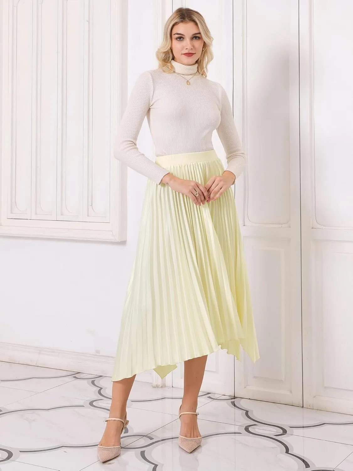 Women's Pleated A-Line Skirt Asymmetrical Hem Satin High Waist Flared Midi Skirt