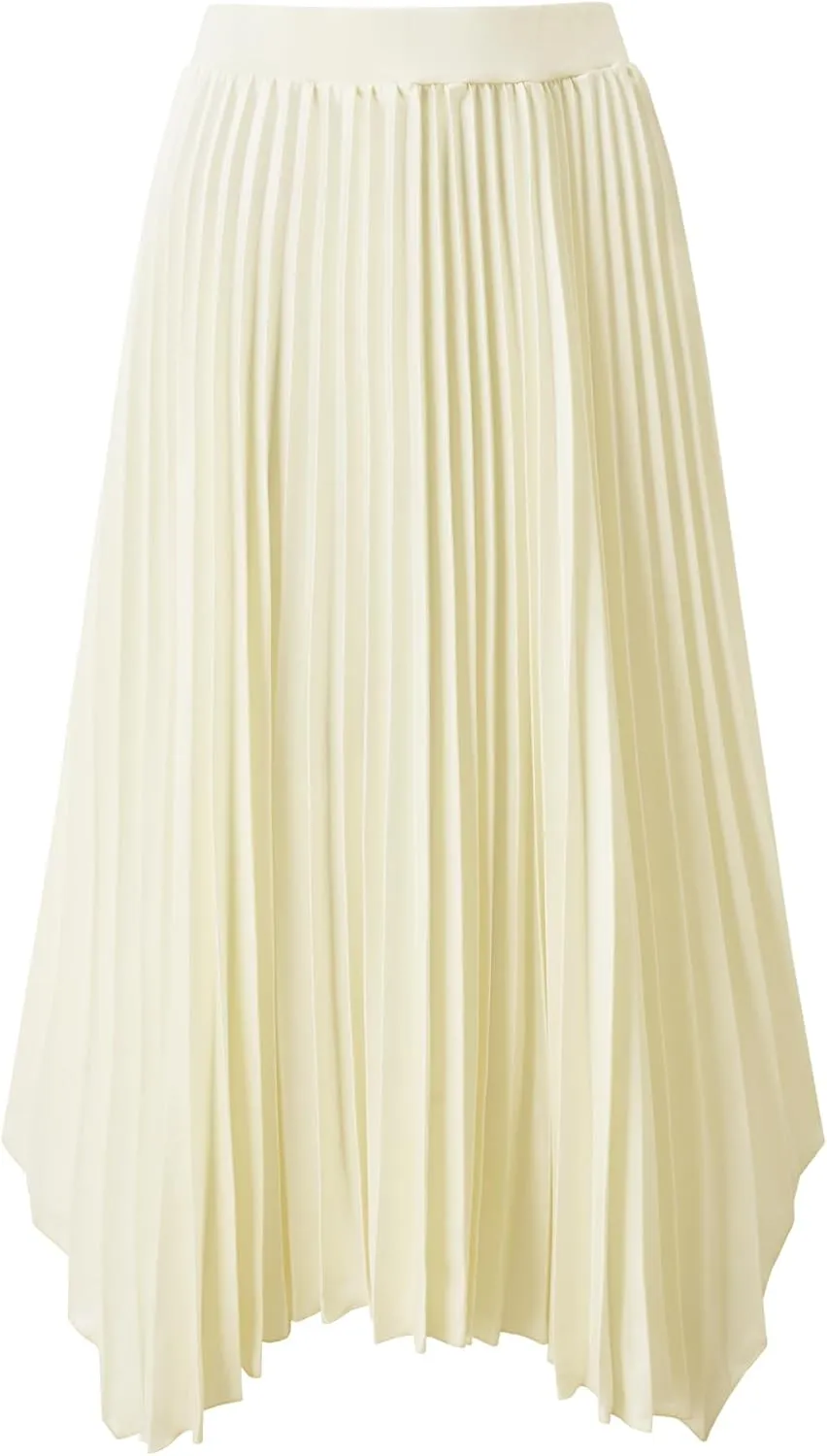 Women's Pleated A-Line Skirt Asymmetrical Hem Satin High Waist Flared Midi Skirt