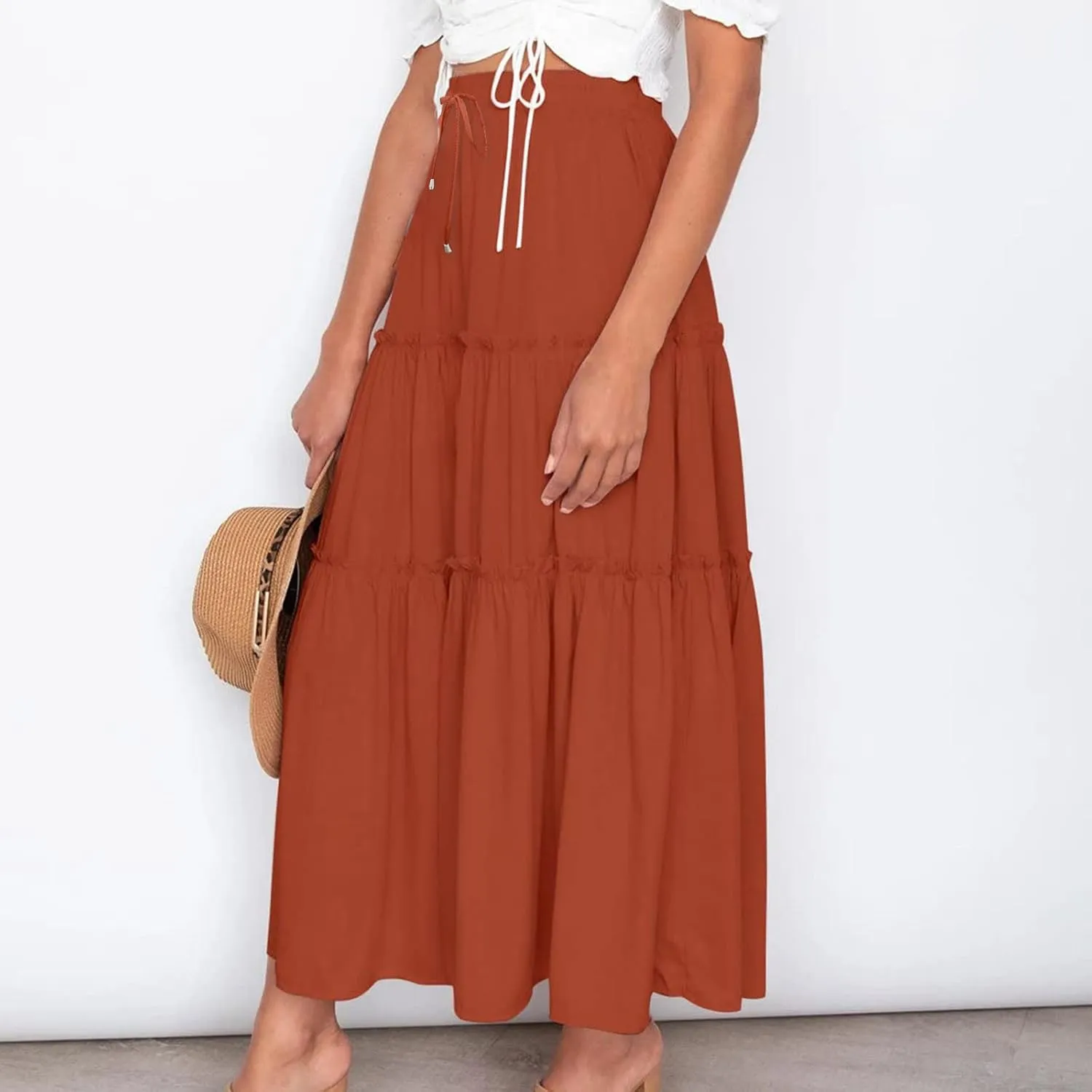 Women's Pleated Midi Skirts 2024 Casual Beach Boho Layered Flowy High Waist A-Line Ruched Swing Long Maxi Skirts