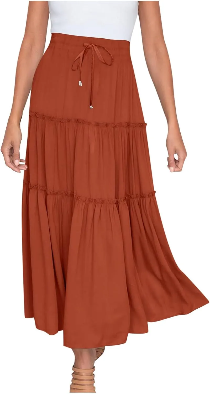Women's Pleated Midi Skirts 2024 Casual Beach Boho Layered Flowy High Waist A-Line Ruched Swing Long Maxi Skirts