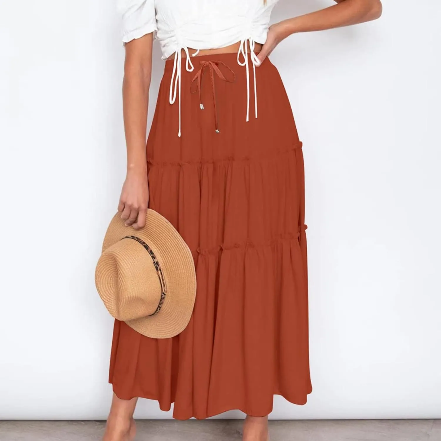 Women's Pleated Midi Skirts 2024 Casual Beach Boho Layered Flowy High Waist A-Line Ruched Swing Long Maxi Skirts
