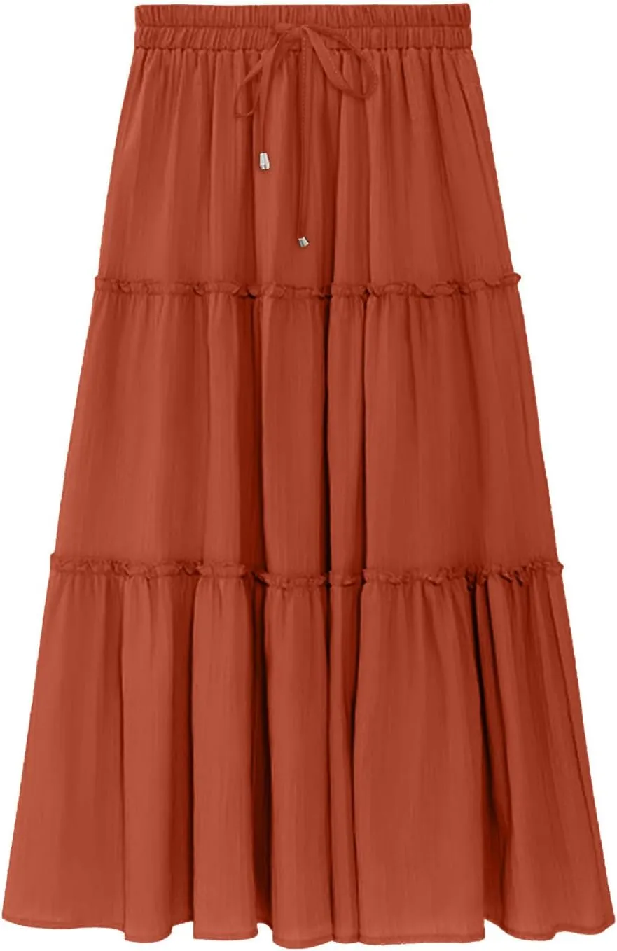 Women's Pleated Midi Skirts 2024 Casual Beach Boho Layered Flowy High Waist A-Line Ruched Swing Long Maxi Skirts