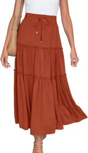 Women's Pleated Midi Skirts 2024 Casual Beach Boho Layered Flowy High Waist A-Line Ruched Swing Long Maxi Skirts