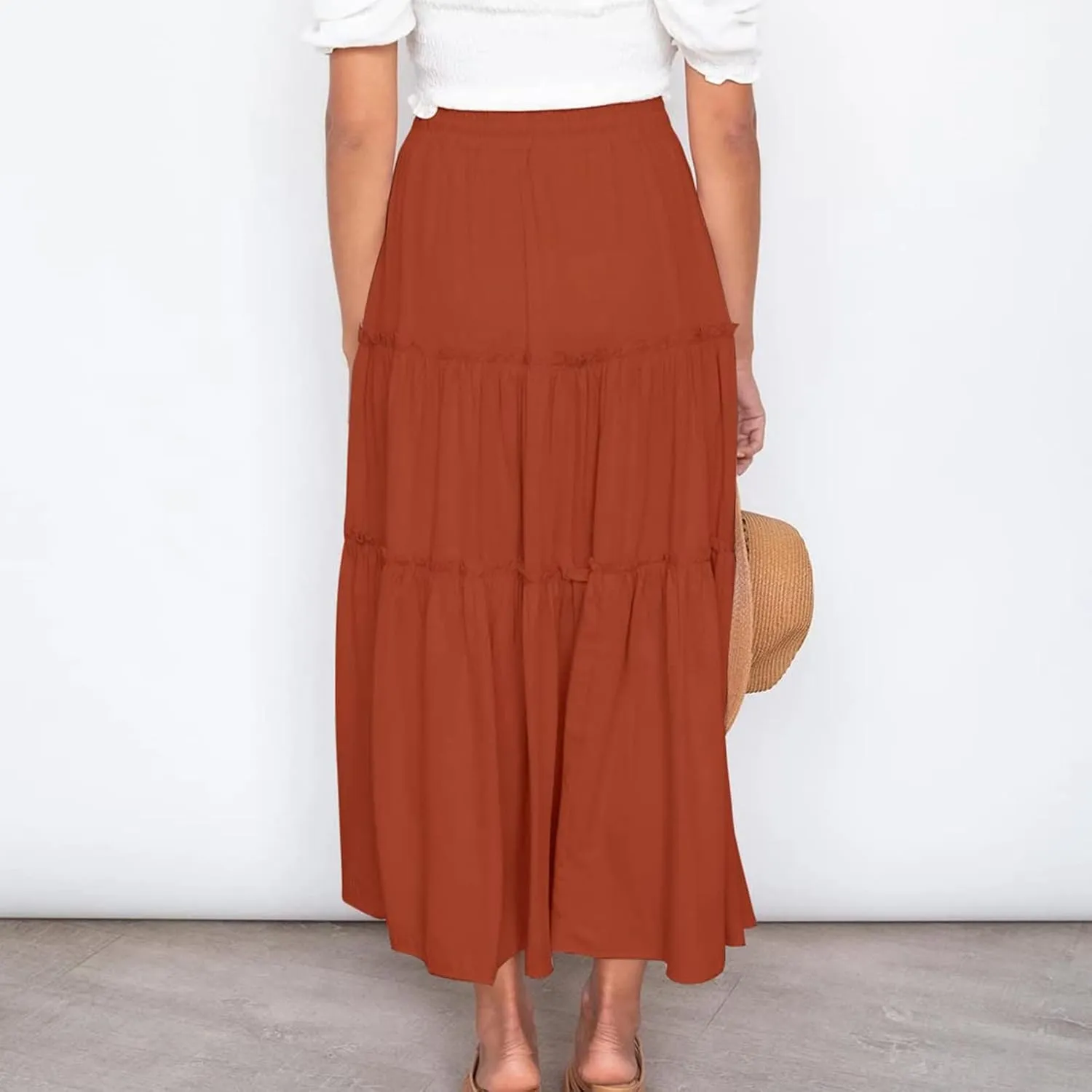 Women's Pleated Midi Skirts 2024 Casual Beach Boho Layered Flowy High Waist A-Line Ruched Swing Long Maxi Skirts