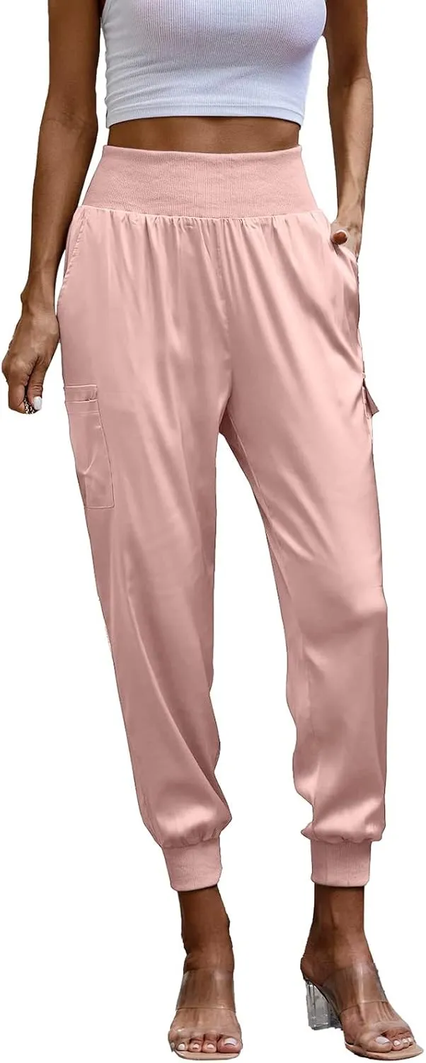 Womens Satin Jogger Pants Casual High Waist Pull on Lounge Trousers Casual Ankle Length Silky Satin Cargo Pants