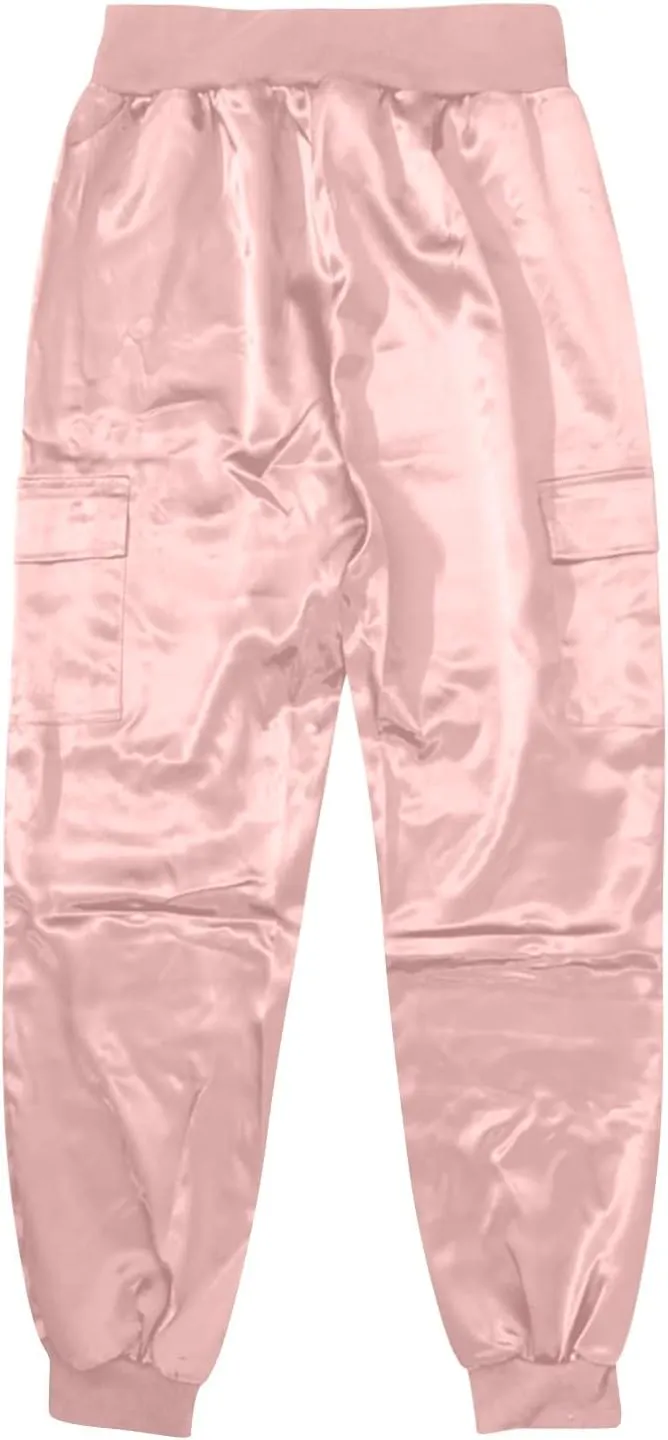 Womens Satin Jogger Pants Casual High Waist Pull on Lounge Trousers Casual Ankle Length Silky Satin Cargo Pants