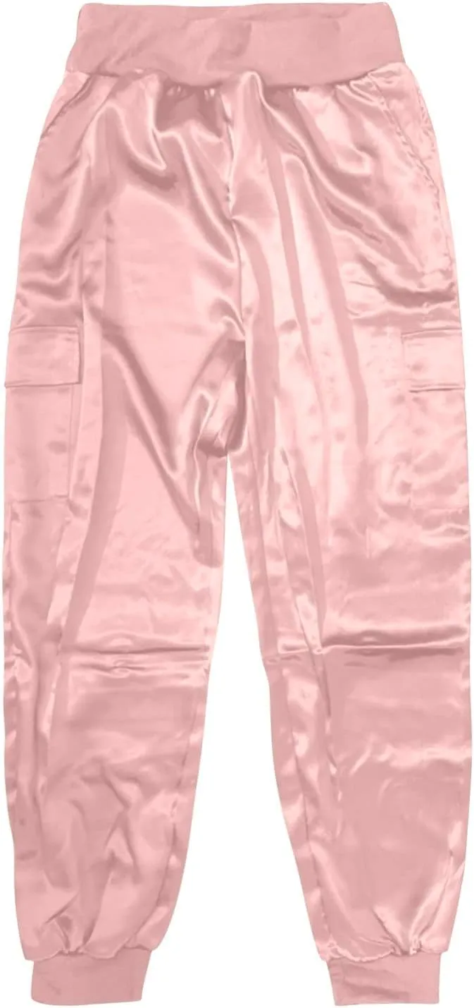 Womens Satin Jogger Pants Casual High Waist Pull on Lounge Trousers Casual Ankle Length Silky Satin Cargo Pants