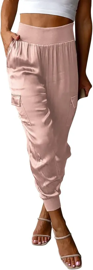 Womens Satin Jogger Pants Casual High Waist Pull on Lounge Trousers Casual Ankle Length Silky Satin Cargo Pants