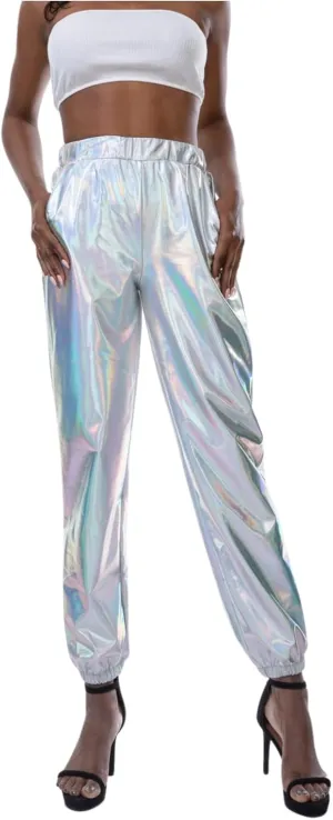Womens Shiny Metallic High Waist Jogger Pants Hip Hop Clubwear Holographic Trousers Sweatpant 70s 80s Disco Outfits