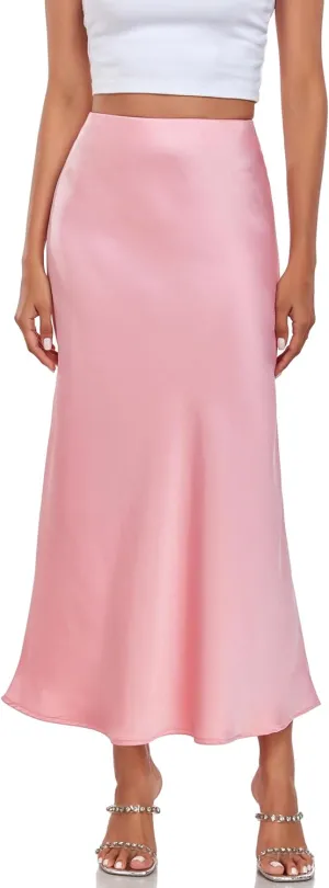 Women's Silk Satin Maxi Skirt High Waist Elastic A Line Fishtail Elegant Work Elastic Long Skirts Pink