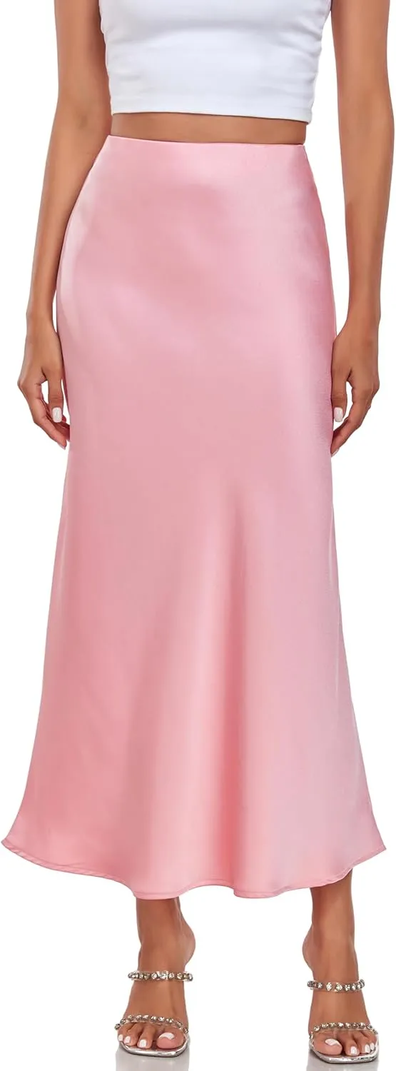 Women's Silk Satin Maxi Skirt High Waist Elastic A Line Fishtail Elegant Work Elastic Long Skirts Pink