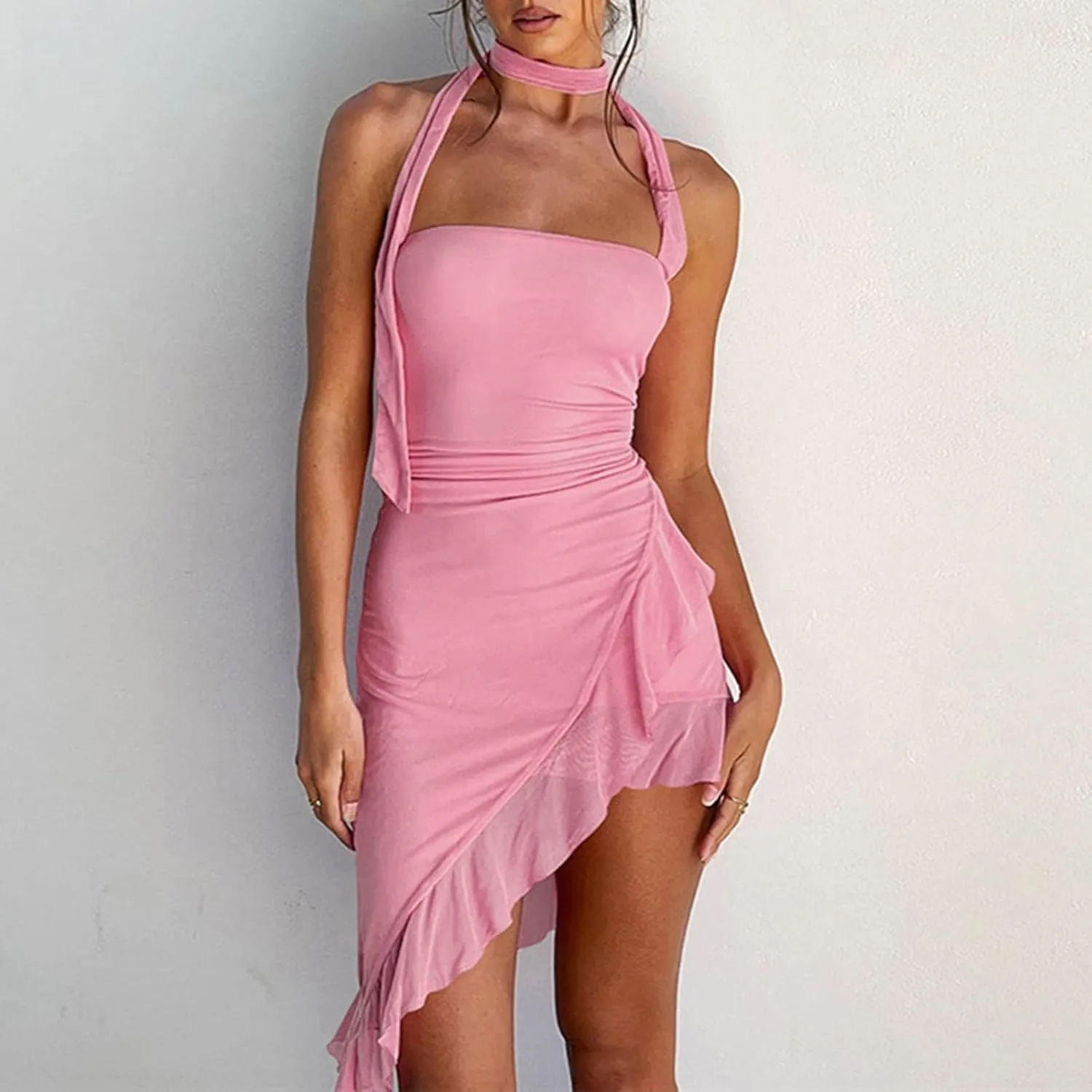 Women's Sleeveless Halter Bodycon Mini Dress Sexy Irregular Ruffle Hem Backless Short Dress Summer Strapless Tube Party Dress