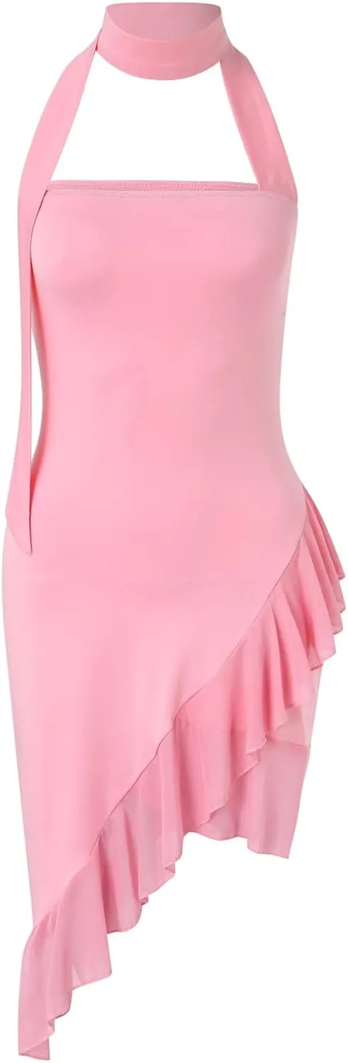 Women's Sleeveless Halter Bodycon Mini Dress Sexy Irregular Ruffle Hem Backless Short Dress Summer Strapless Tube Party Dress