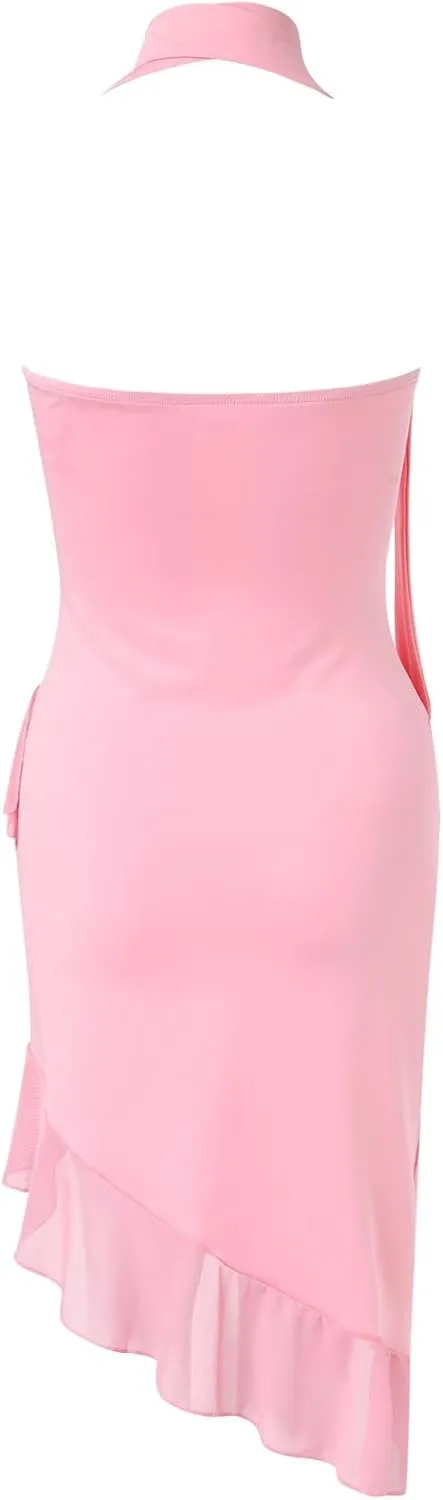 Women's Sleeveless Halter Bodycon Mini Dress Sexy Irregular Ruffle Hem Backless Short Dress Summer Strapless Tube Party Dress