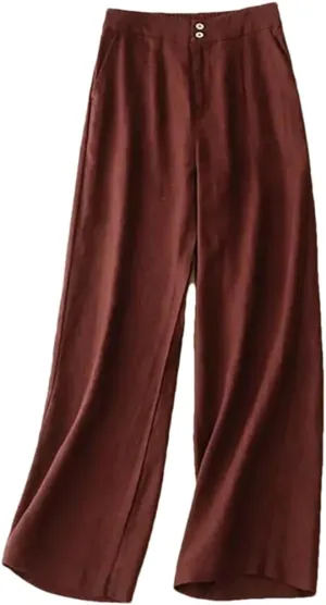 Women's Solid Color Straight Pants Casual Button Fly Wide Leg Pants Cotton Harem Pants