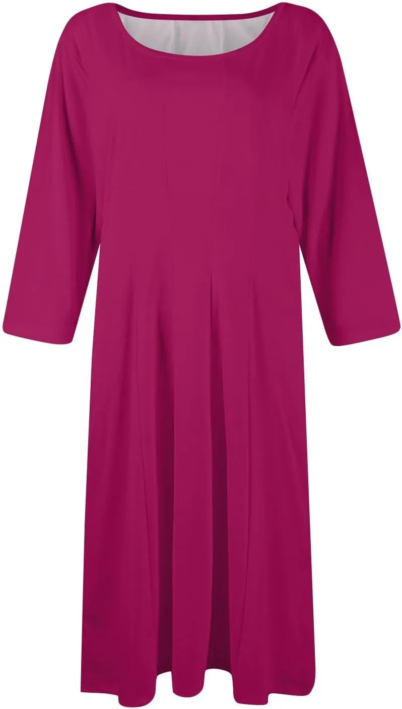 Womens Spring Dresses Crew Neck 3/4 Sleeve Beach Dress Solid Plain A Line Dress Summer Midi Flowy Dresses with Pocket