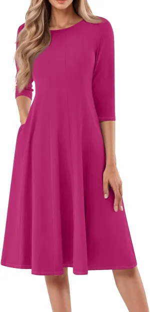 Womens Spring Dresses Crew Neck 3/4 Sleeve Beach Dress Solid Plain A Line Dress Summer Midi Flowy Dresses with Pocket